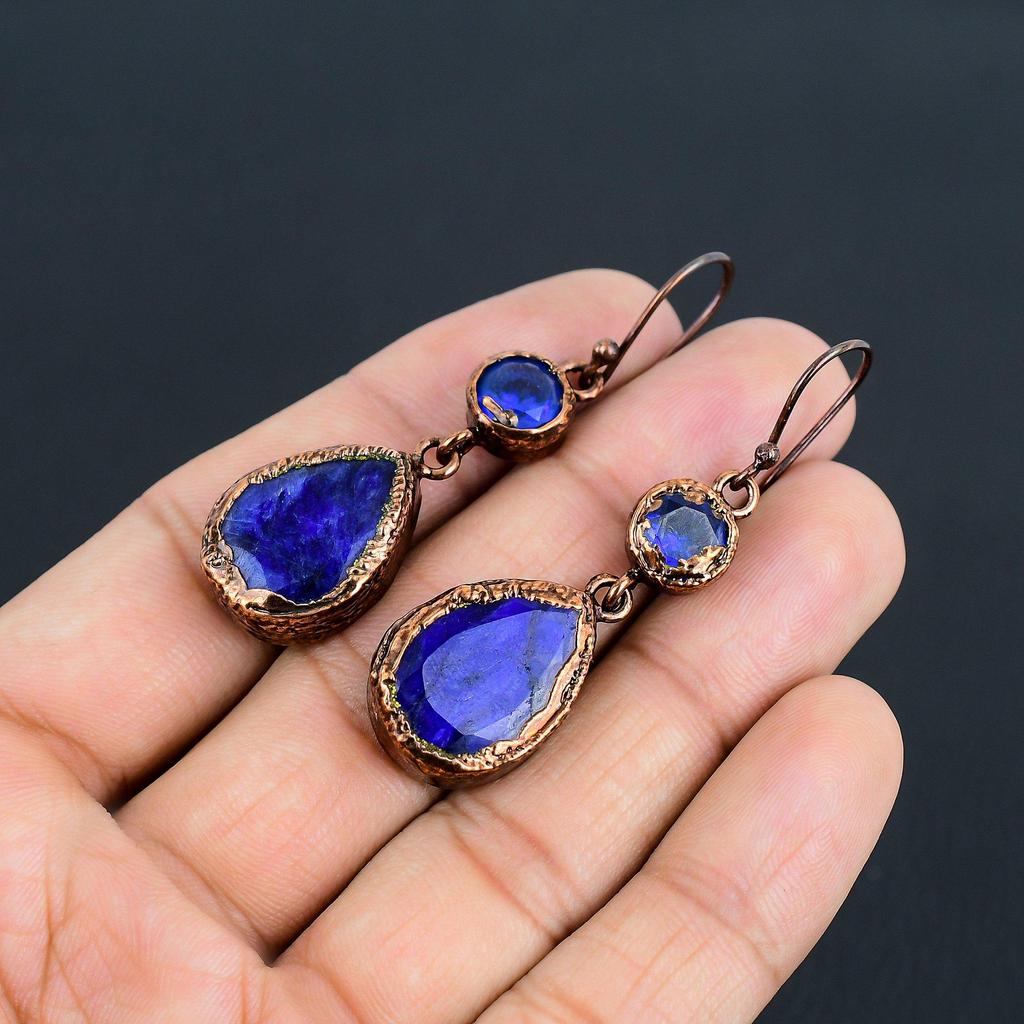 Sapphire Copper Electroformed Earrings, Handmade Gemstone Earrings Jewelry, Gifts For Wife Brand New Earrings