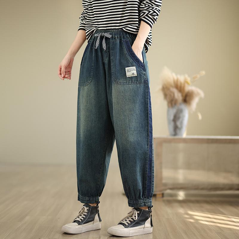 Women's Elastic Waist Jeans Drawstring Big Pocket Wide Leg Solid Color Simple Basic Harem Trouser Female Autumn Denim Pants