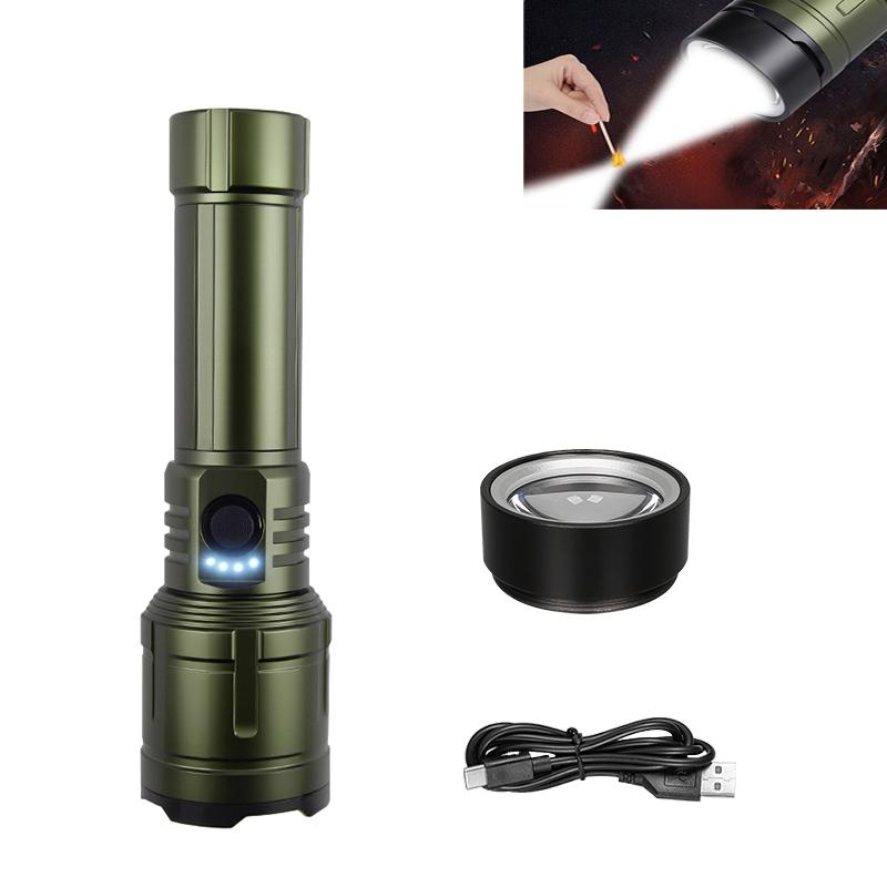 Powerful LED Flashlight USB C Rechargeable with Fresnel Lens Flashlight Super Bright Aluminum Zoom Torch Emergency Power Bank