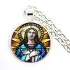 Virgin Mary and Baby Jesus Christian Catholicism Jewelry Necklace Blessed Mother Religious Art Glass Cabochon Dome Pendant Gift