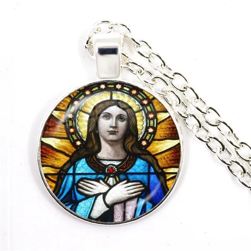 Virgin Mary and Baby Jesus Christian Catholicism Jewelry Necklace Blessed Mother Religious Art Glass Cabochon Dome Pendant Gift