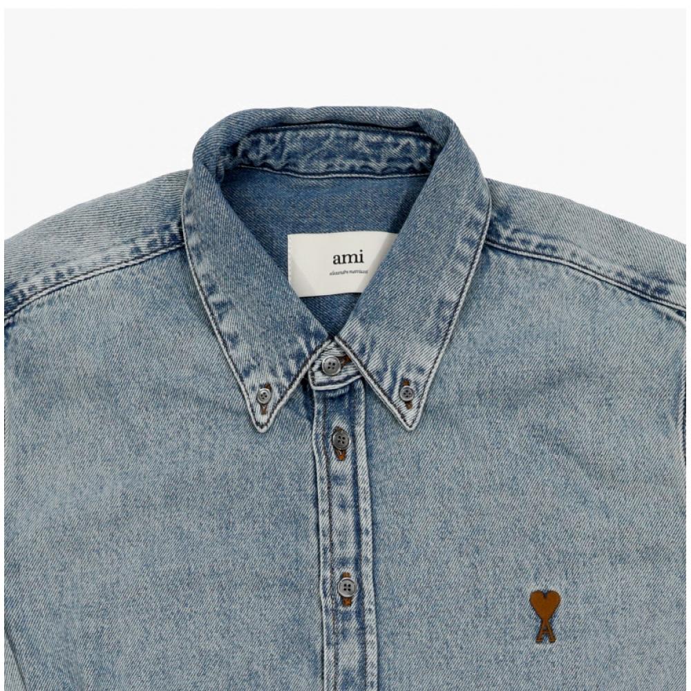 Ami Small Heart Logo Denim Shirt Ami Ush786 De0056 480