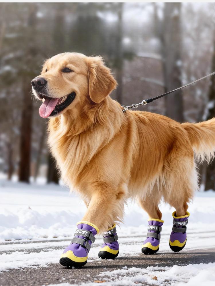 Dog Shoes Winter Thickened Plush Snow Boots Dog Cotton Rubber Dog Boots Reflective Strip Double Layered Straps Puppies Shoes