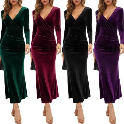 Damen V-Ausschnitt Wrap Hip Long Dress Slim Fit Elegante Fishtail Abendkleider