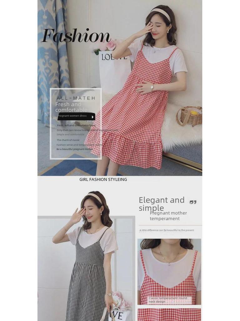 Plus Size Korean Plaid Maternity Dress - Short Sleeve, Loose Fit, Round Neck, Two-Piece Look