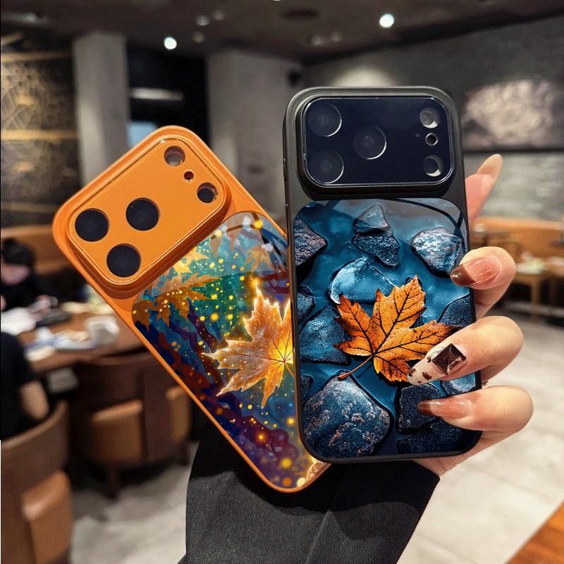 Aesthetic Autumn Maple Leaves Pattern Orange Glass Phone Case for iPhone 17 16 Pro Max 15 14 13 12 Mini 11 X XS 7 8 14Plus Cover