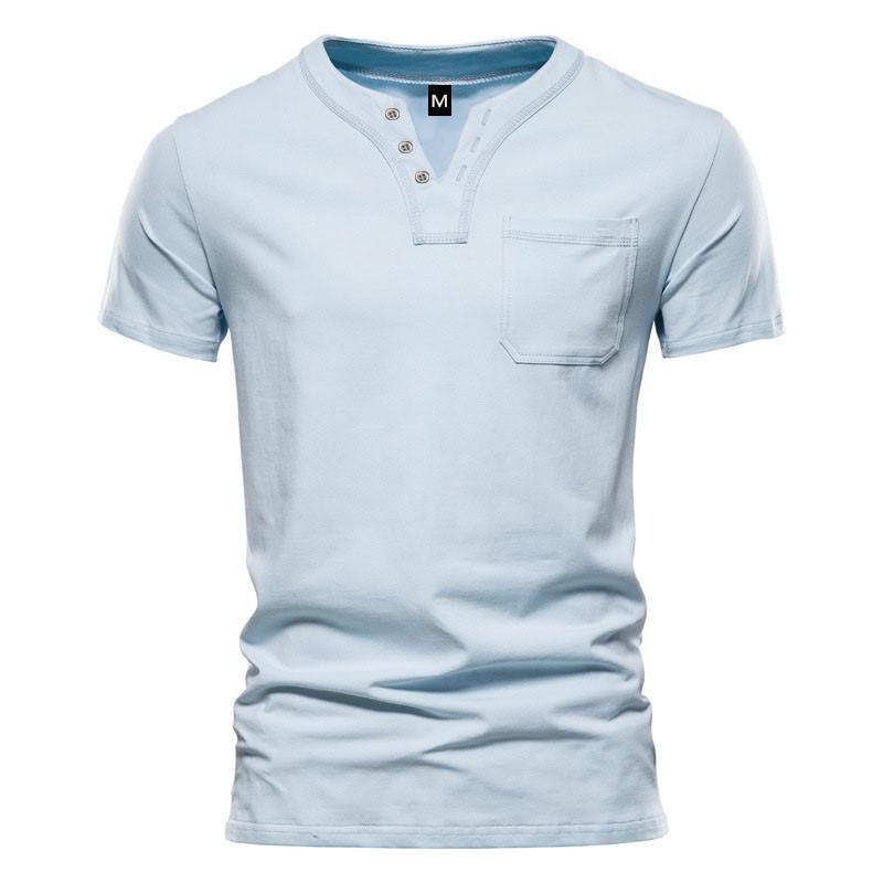 Men's V-neck Short-sleeved T-shirt Youth Casual Slim Sports Henley Solid Color Top