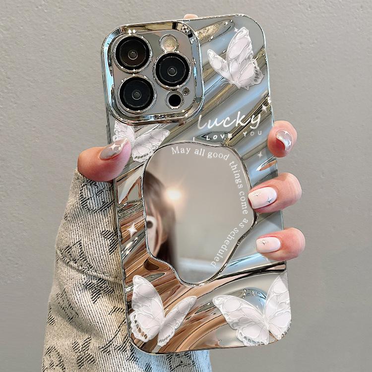 Butterfly mirror chain is suitable for Apple 15 mobile phone case iphone14pro electroplated silver wave pleated mirror 13.