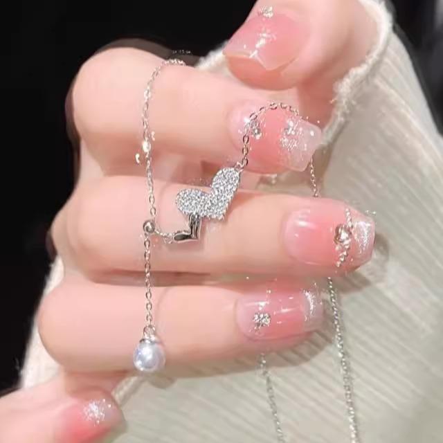 S925 Sterling Silver Love Pearl Necklace Female Niche Design Sense Sweet Girl Heart Pendant up & down streaming Su Collarbone Chain