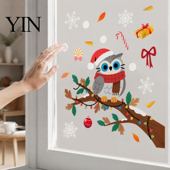 Festive Home Beautification Supplies Cute Christmas Owl Window Sticker, Snowy Branch Candy Glass Decal, Waterproof Self Adhesive Seasonal Wall