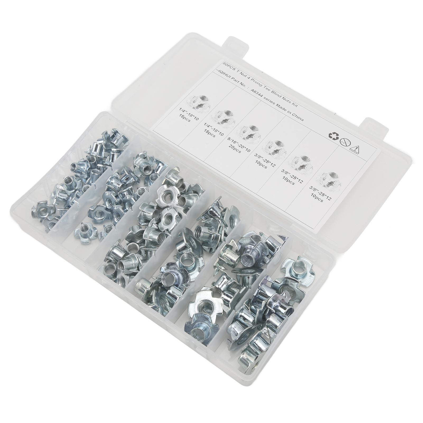 

80Pcs T Nuts Carbon Steel Galvanized Layer Rust Resistant Sturdy 1 4in 5 16in 3 8in Pronged Tee Nut