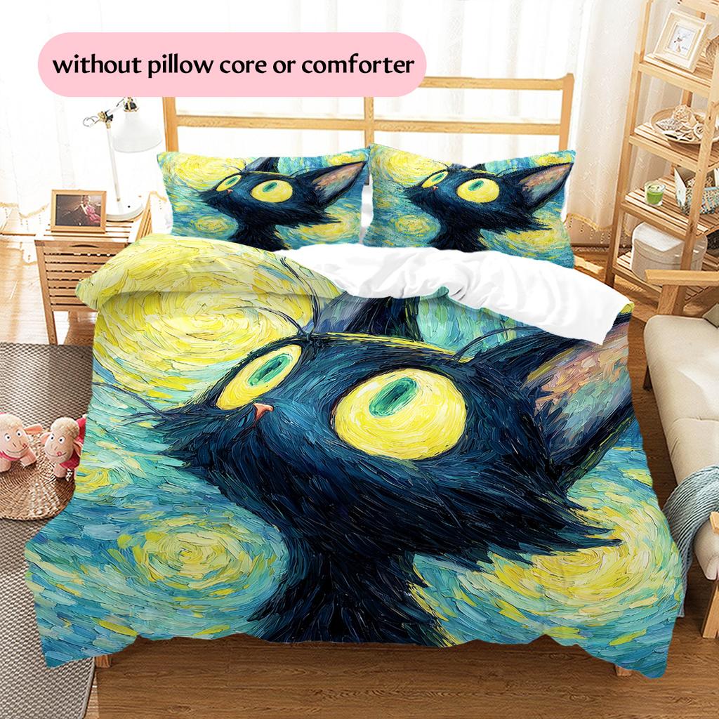 Starry Sky Black Cat  Pattern Bedding Quilt Set Quilt Cover Pillowcase Home Decoration  Gift (1 * Duvet Cover + 2 * Pillowcase, Without Core)