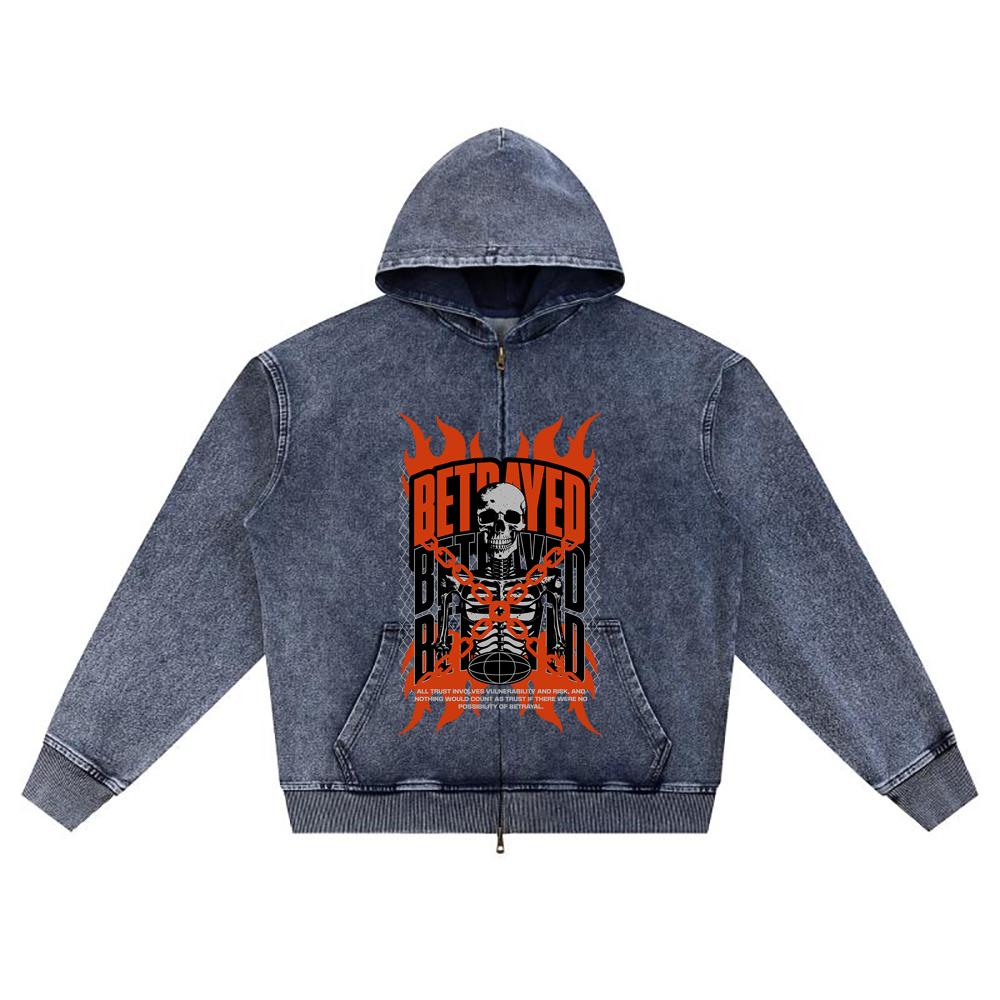 DTG print Knitted Denim Zip-Up Hoodie Betrayed(001) Brother Print Zipper Hoodies  