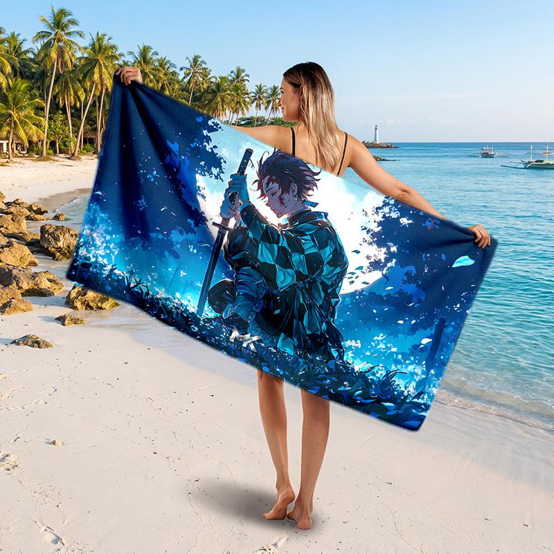 Kamado Tanjiro Printed Swim Towel, Portable Water Absorbent Towel for Beach Camping Daily Bathroom Use