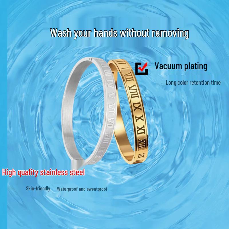 Roman Numeral Men's Titanium Steel Bracelet – Non-fading, Open Clasp, European & American Style.