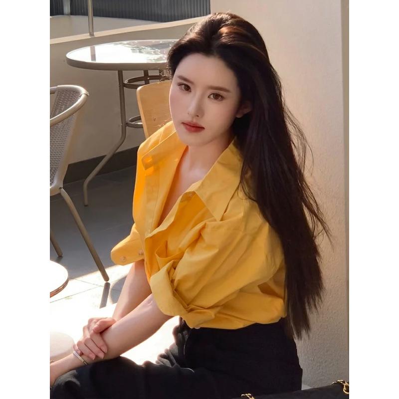 

Женская желтая хлопковая рубашка с длинным рукавом, повседневная весенняя куртка в корейском стиле 2025 г. XL
