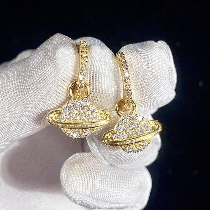 Micro Paved Clear Cubic Zirconia Saturn Charm Drop Earrings Full Stone Inlaid Small Hoop Gold Tone Cosmic Ladies Accessories