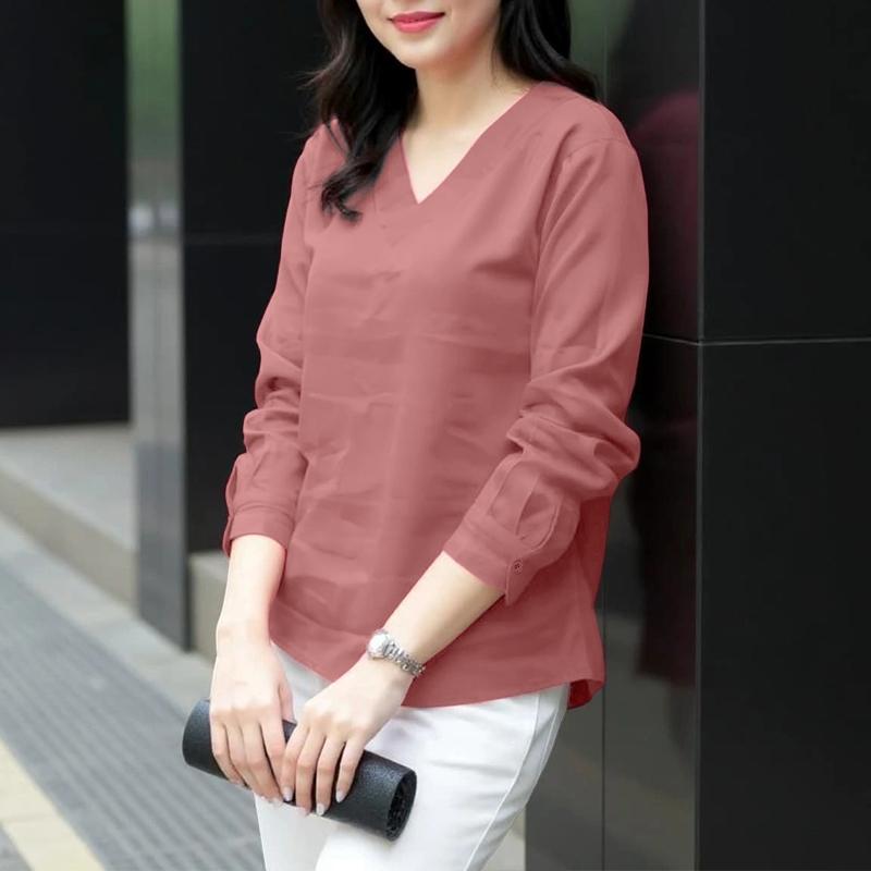 

ZANZEA Женская повседневная блузка с V-образным вырезом, однотонная, свободного кроя, с длинным рукавом 5XL розовый