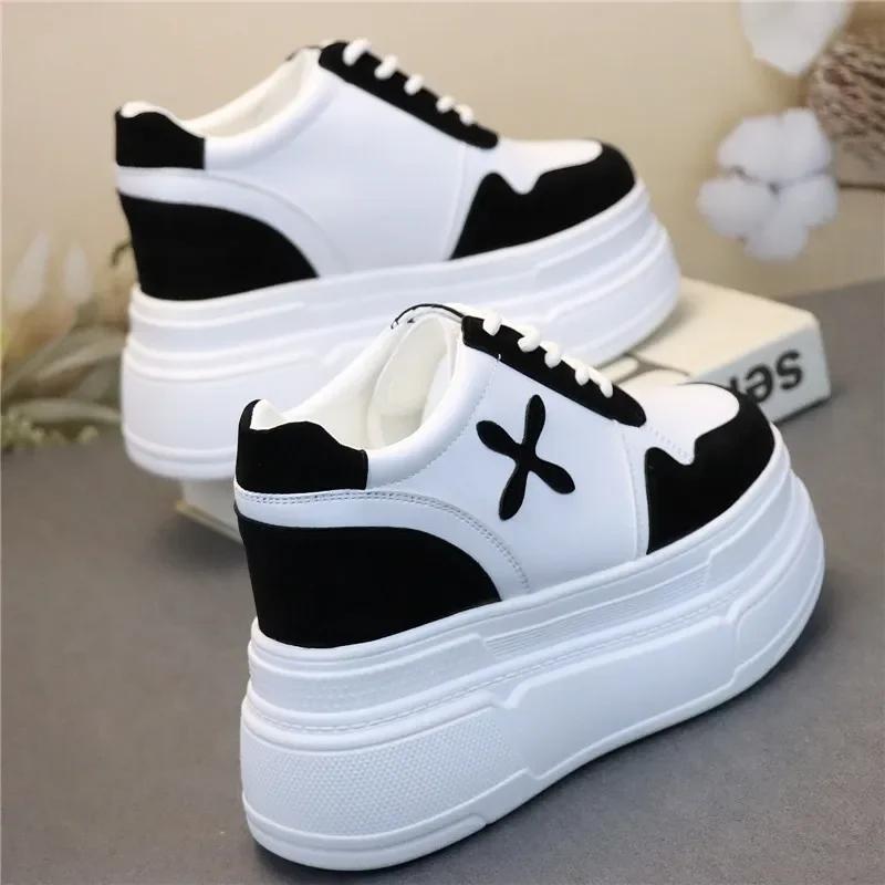 Fashion 12CM Genuine Leather Women Spring Autumn Chunky Sneakers Ins Women Summer White Hidden High Heels Platform Wedge Shoes
