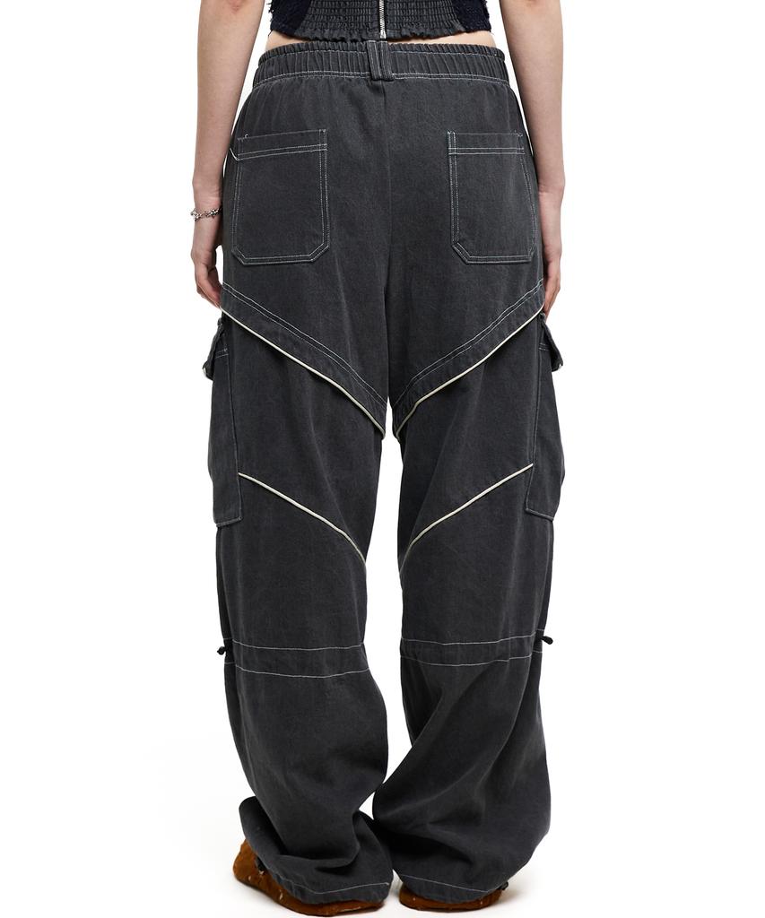 Aleseuseussi Knee String Cargo Denim Pants - Gray