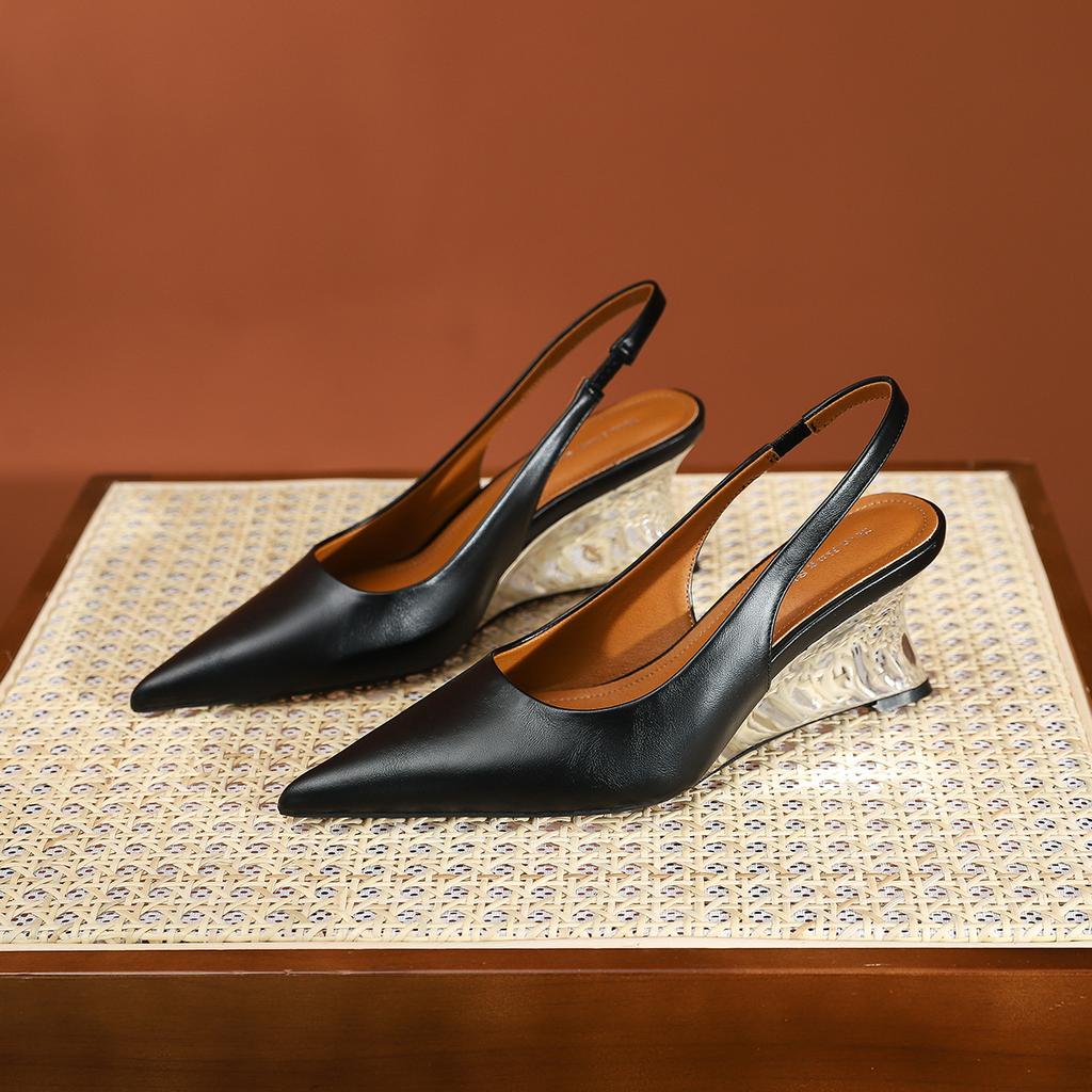 Fashion Luxury Wedges Silver Sandals Woman Slingback Block High Heels Shoes Ladies Office Rear Strap Sandalias Pointed Toe Tacones Mujer