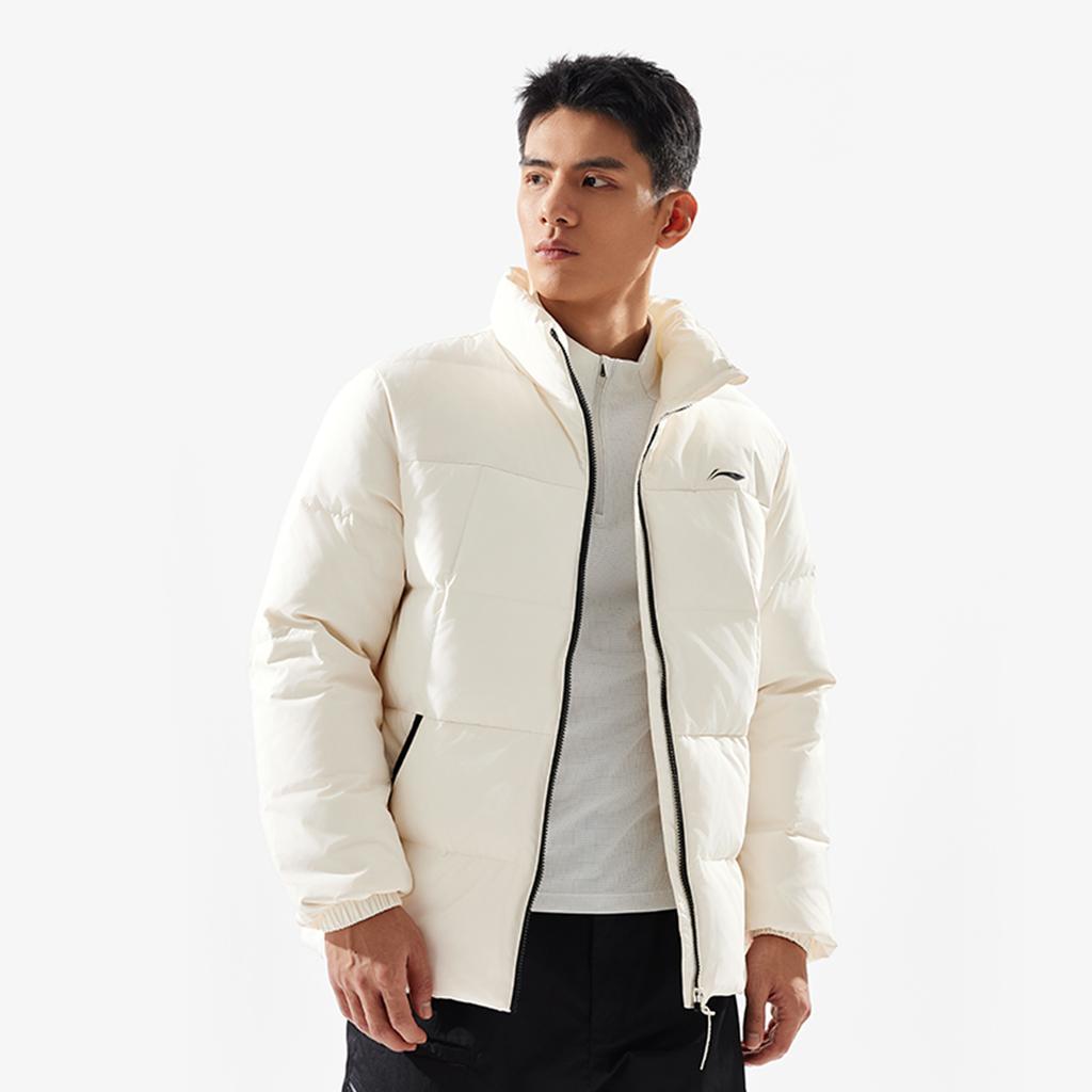 Li-Ning Water-Resistant Solid Color Stand Collar Zipper Comfortable Casual Versatile Short Winter Down Jacket Men Jacket Off-White AYMU097-2