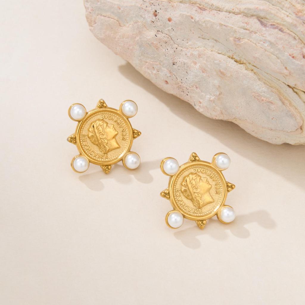 18K Gold Plated Titanium Pearl Portrait Stud Earrings for Travel and Vacation