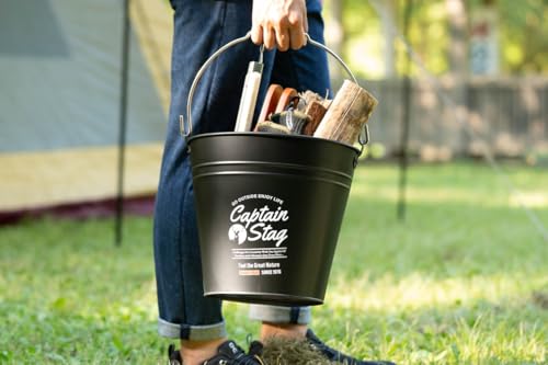Captain Stag Outdoor Bucket CS Tin Bucket 10L with Wooden Handle, Black (UM-1619)