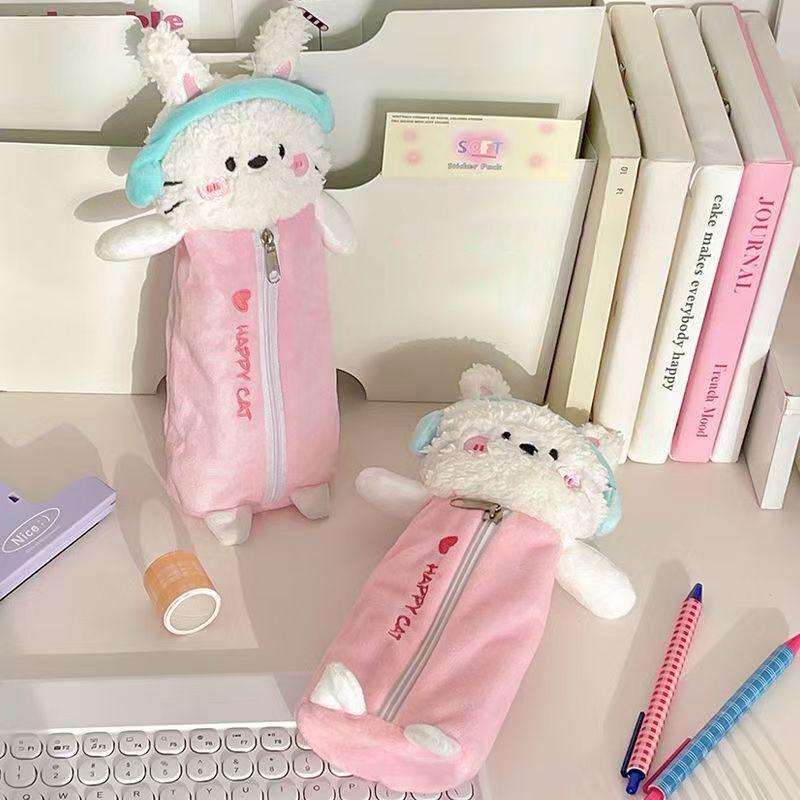 Cartoon Cute Headphones Cat Pen Bag Large Capacity Plush Stationery Storage Bag Gifts