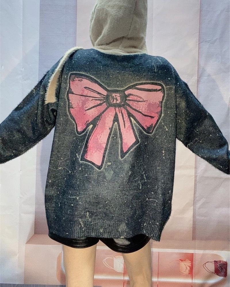 Women's Autumn Winter Bowknot Hooded Sweater: High-End Knitwear, Lazy Style, Loose Fit, Plus Size, Slimming Top