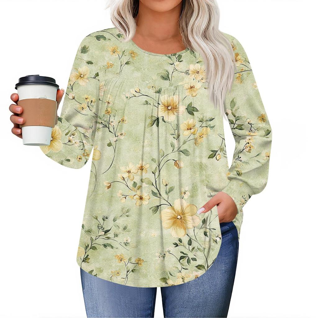 Womens Plus Size Tops Long Sleeve Shirts Round Neck Flowy Tunic Casual Loose Blouse L-5X