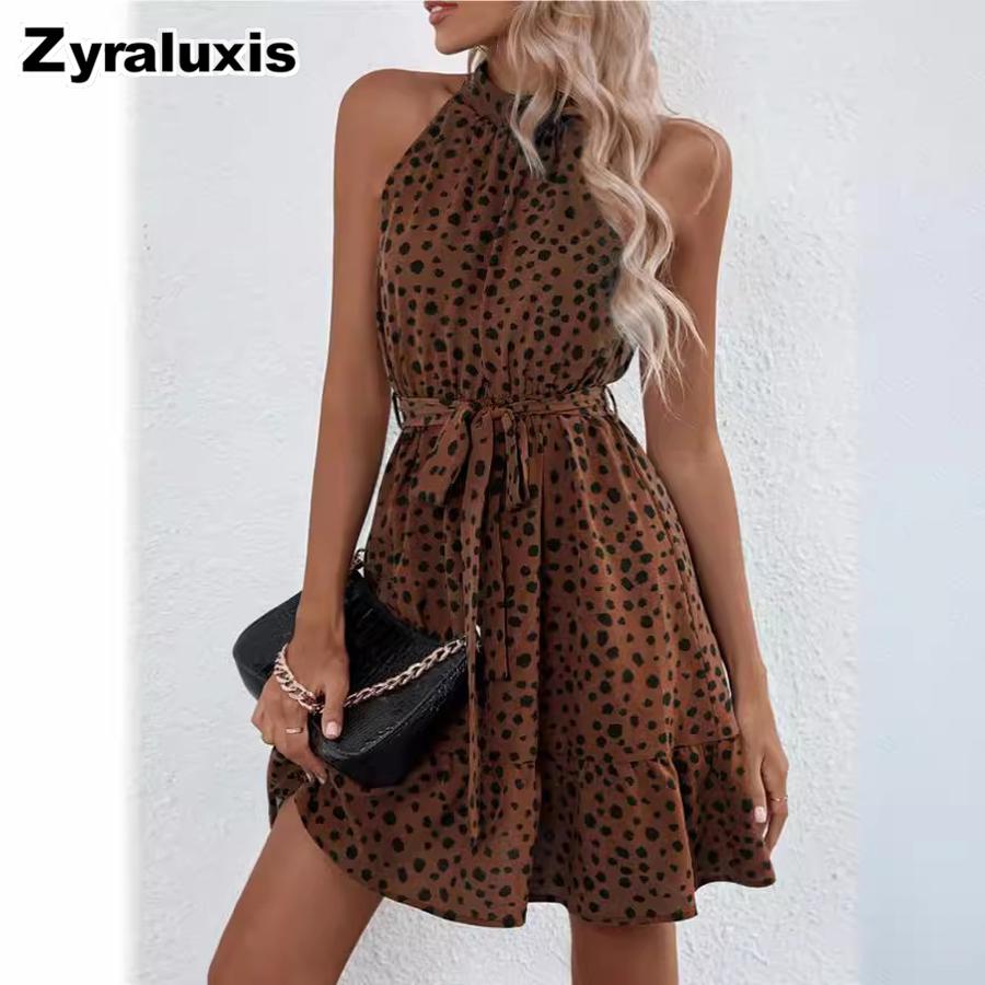 Summer New Women's Dresses Sleeveless Polka Dot Tie-Up Ruffled Hem Dress