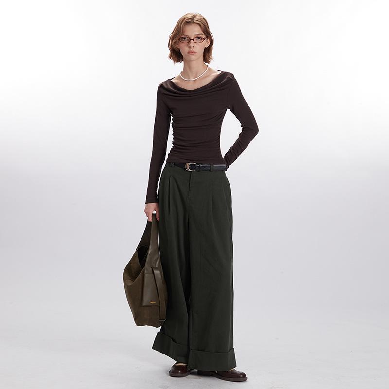 HeyHenry Herbst 2025 Wasserfallausschnitt Ein-Schulter-Top für Damen - Unregelmäßiges Design, Lange Ärmel, Kurzer Stil
