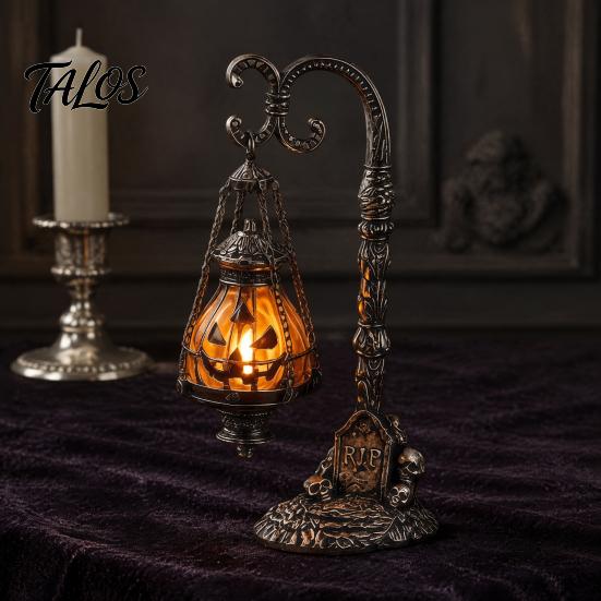 Espeluznante Adorno de Mesa de Resina Calavera Calabaza Gótica Soporte Linterna con Luz Cálida, Lámpara Decorativa de Escritorio Retro Decoración del Hogar, Luz de Atmósfera Curativa