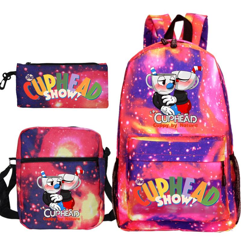 Cartoon Teacup Head Cuphead Student School Bag Backpack Three-piece Set Children's Shoulder Bag Pencil Bag