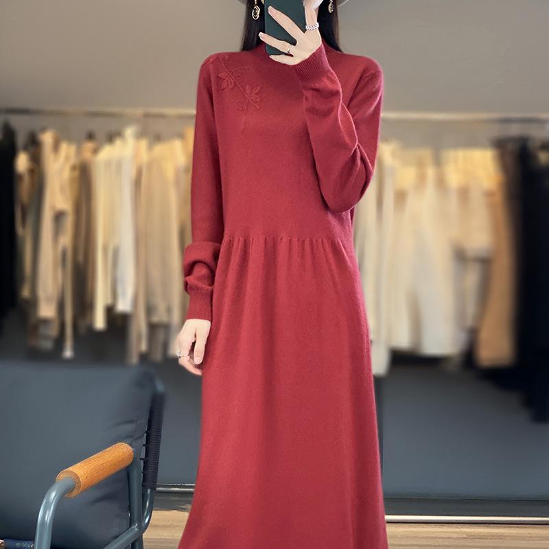 Hand-embroidered Half-high Neck Wool Dress for Women In Autumn and Winter New Fashionable and Versatile Mid-length Temperament Cashmere Skirt