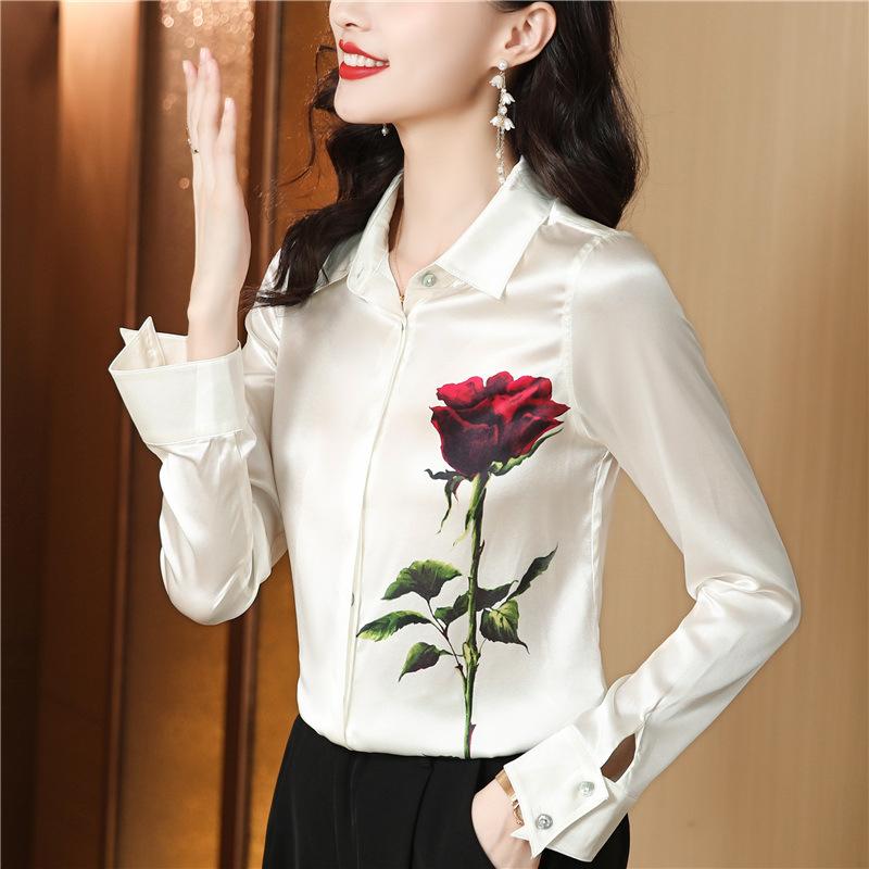 Spring Women Blouse Silk Shirts Office Ladies Floral Shirts Fashion Printed Tops