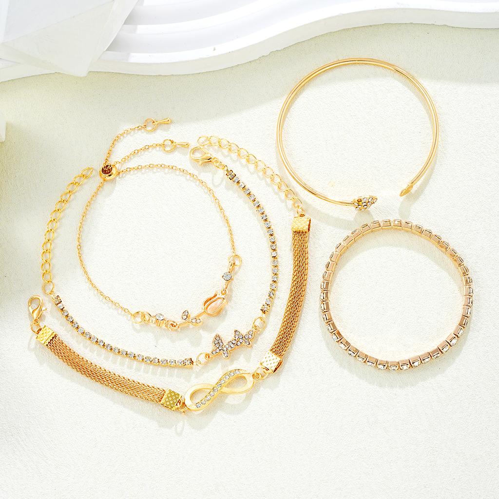 5pcs Exquisite Gold Color Butterfly Bracelet Set For Women Vintage Rhinestone Heart Infinity Cuff Bangle Daily Wear Jewelry Gift