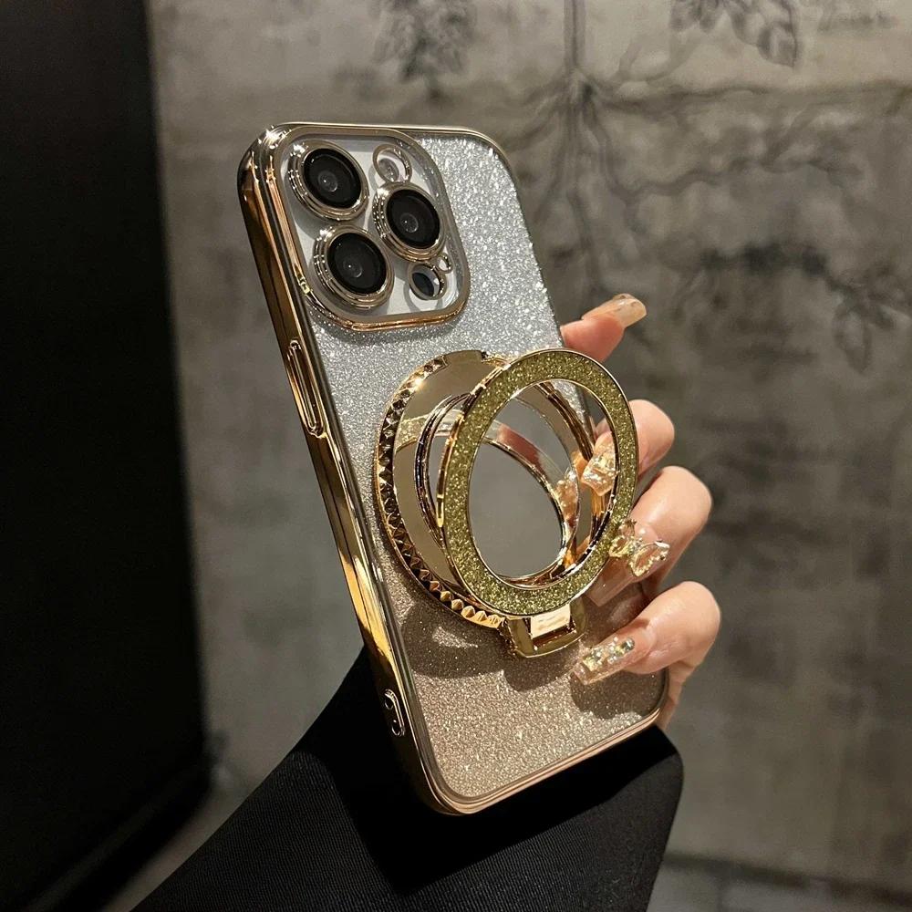 Glitter Gradient Mirror Bracket Case for iPhone 15 14 13 16 Pro Max 12 11 X Xr Xs 8 7 Plus for Magsafe Ring Holder Plating Cover