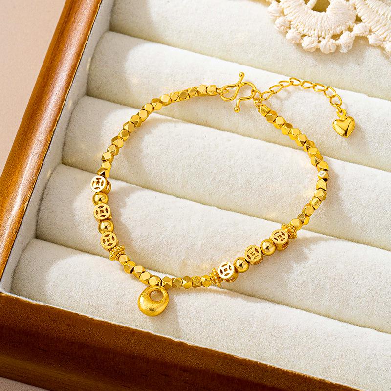 Vietnamese Gold Fortune Coin Bracelet - Ethnic Style, Long-Lasting Color Retention, Women’s Retro Clubbing Jewelry with Round Beads