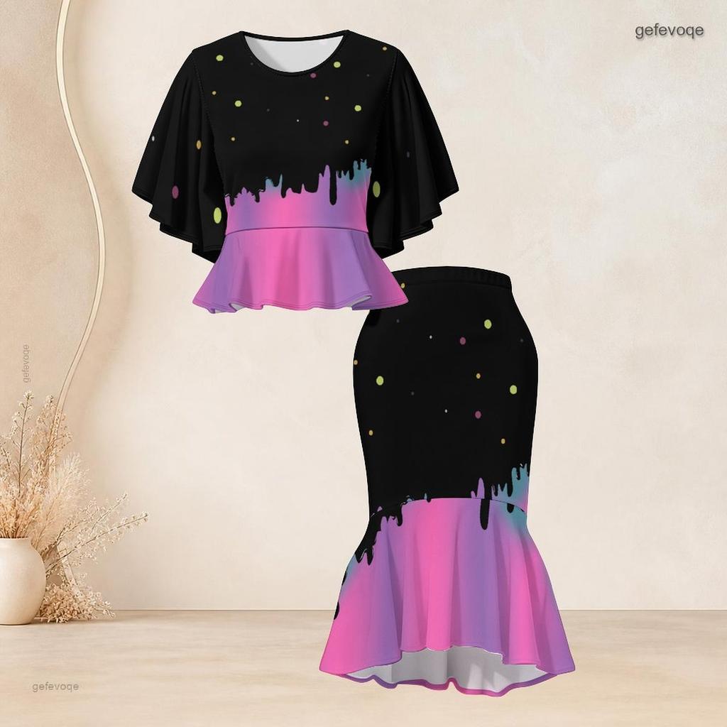 Women Plus Size Camo Printed O Neck Batwing Sleeve Ruffle Hem Top Fishtail Skirt Two Piece Set