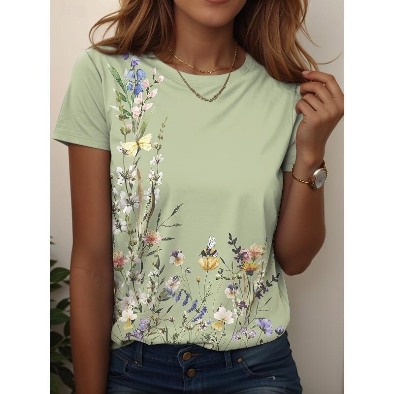 Damen T-Shirt Print Floral Grafik Pflanzen Vintage Stilvoll Klassisch Kurzarm Rundhals Normale Oberteile