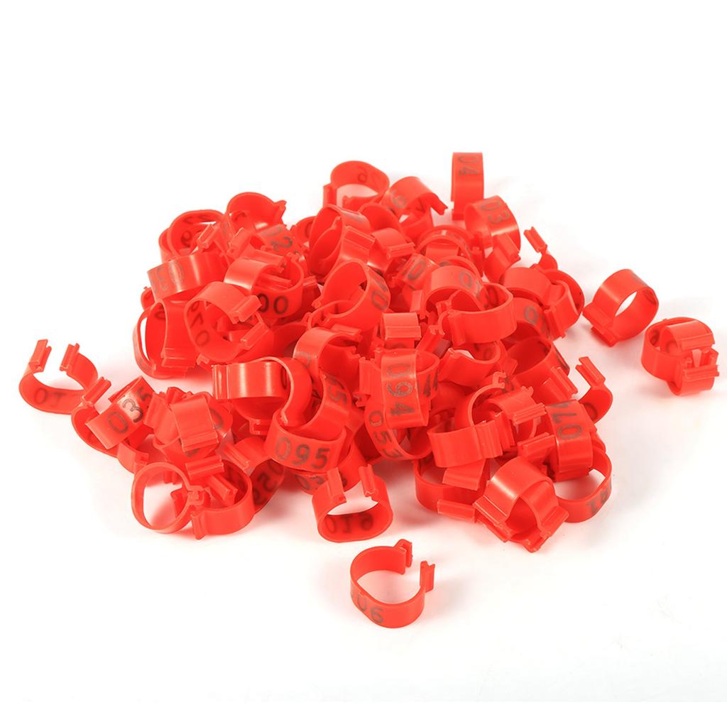 100PCS Bag 16MM 001 100 Numbered Plastic Poultry Chickens Ducks Goose Leg Bands Rings(Red)