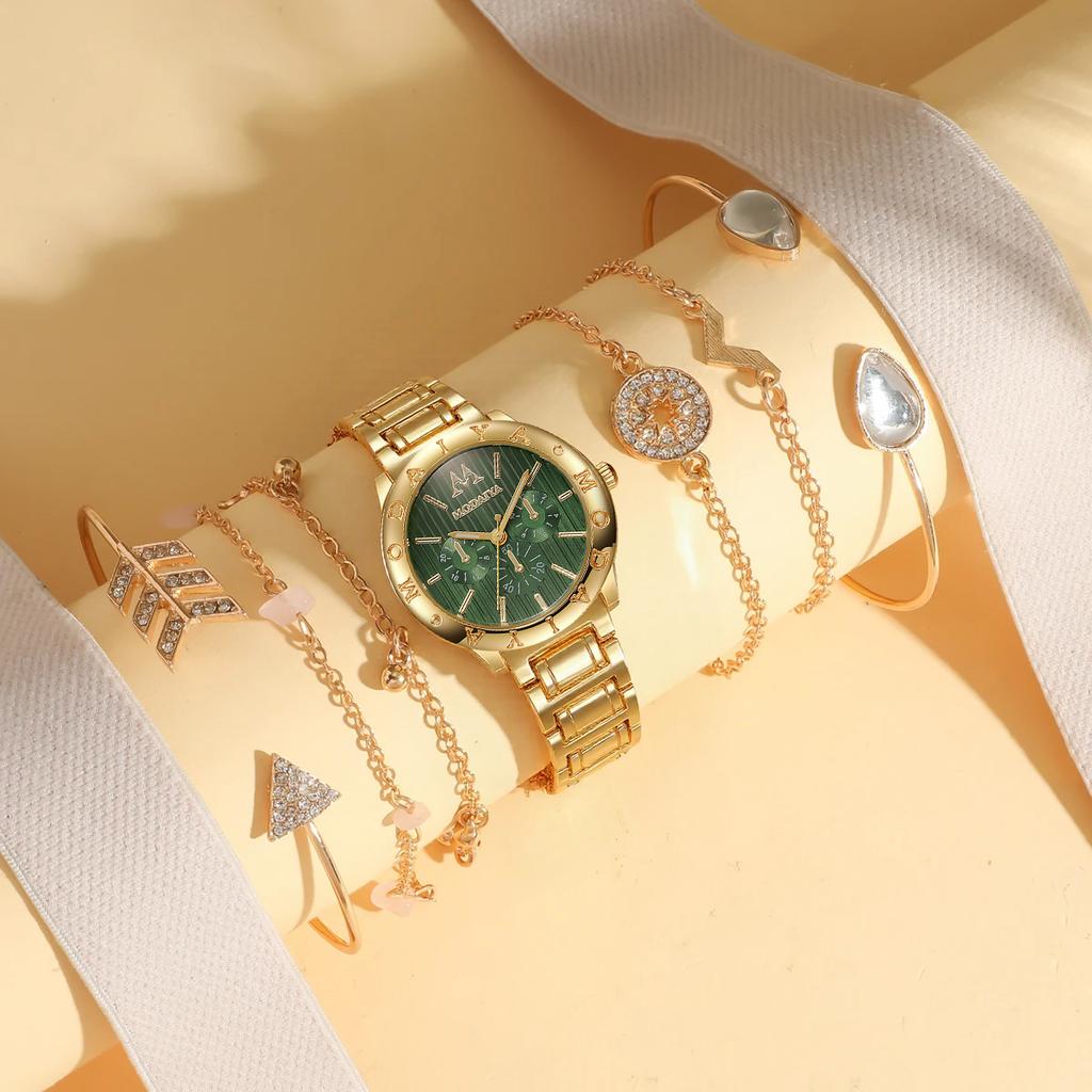 Fashion Light Luxury Trendy Round Dial Alloy Material Women's Quartz Watch Bracelet Set of 7, Suitable for Christmas and Thanksg