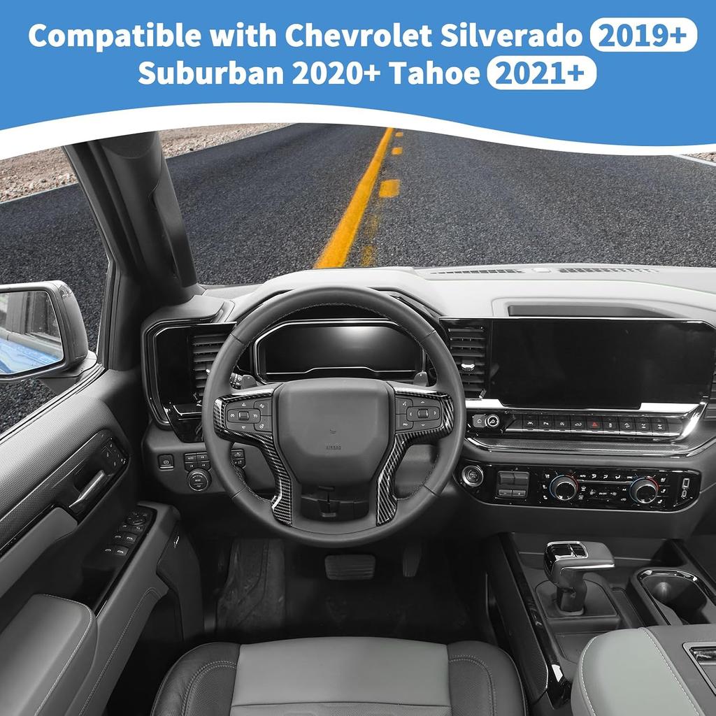 RT-TCZ for Silverado Steering Wheel Trim Carbon Fiber Interior Accessories for Chevrolet Chevy Silverado 2019+ Suburban 2020+ Tahoe 2021+ 2pcs