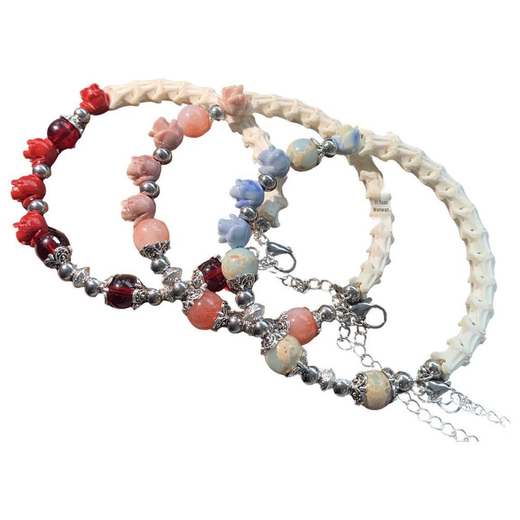Three-Color Rose Snake Bone Beaded Bracelet - Retro Literary Style for Men and Women
