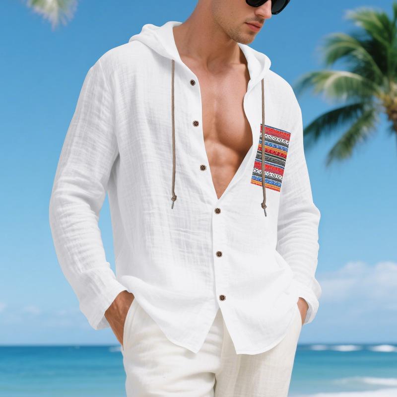 Mens Boho Style Casual Breathable Loose Hooded Long Sleeve Shirt S
