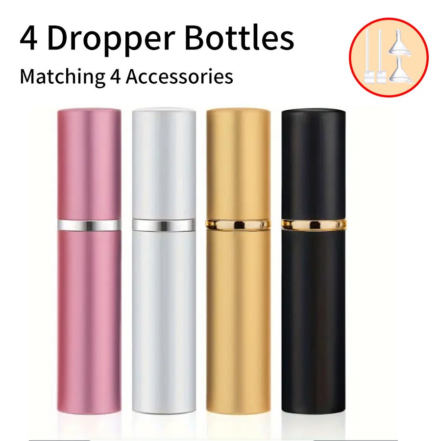 4pcs+4 Accessories 5ml Refillable Portable Mini Perfume Atomizer with 4 Spray Bottles, 2 Funnels, 2 Dispensing Shenanigans