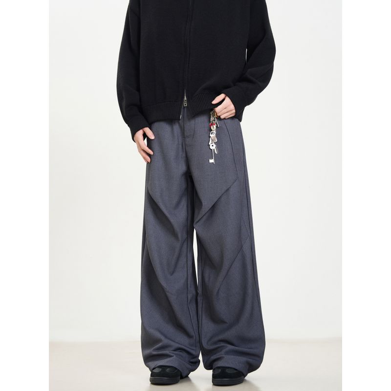 Kisko American High Street Style Pleated Design Drapey Black Dress Pants Unisex Loose Straight Cleanfit Casual Pants