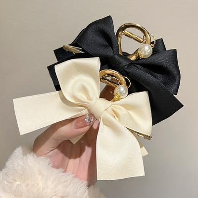 Imitation Pearl Bow Grab Hair Clips for Women Korean Style Fabric Hairpins Fashion Shark Clip Back Head Crab Claw Accessories